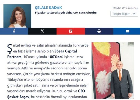Sabah yazarı Şelale Kadak, köşesinde 3 Seas Capital Partners’ı anlattı